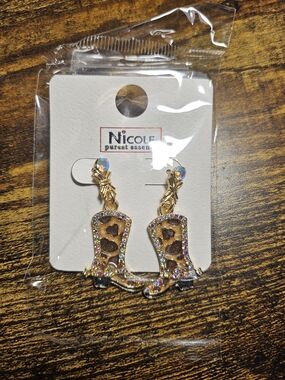 Gold Cowboy Boot Dangle Earrings with Iridescent Rhinestones